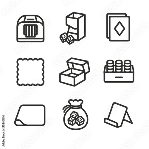 Gaming Icon Set. Outline icon set of gaming accessories: card shuffler, dice tower, card sleeve, table protector, game storage box