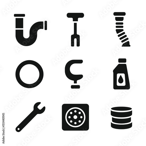 Under-Sink Tool Icons. Solid, filled icons set of under-sink tools: P-trap, drain key, flexible hose, seal