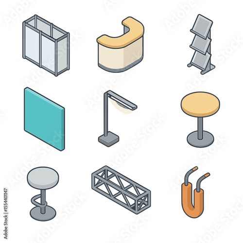 Exhibition Stand Icons. Isometric Flat icon set of exhibition stand design: modular wall panel, reception counter, literature