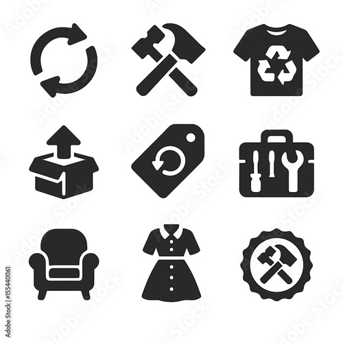 Upcycled Icon Grid. Solid, filled icons set of upcycled product trade: upcycle arrows, craft tools, recycled