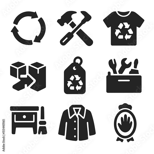 Upcycled Icon Grid. Solid, filled icons set of upcycled product trade: upcycle arrows, craft tools, recycled