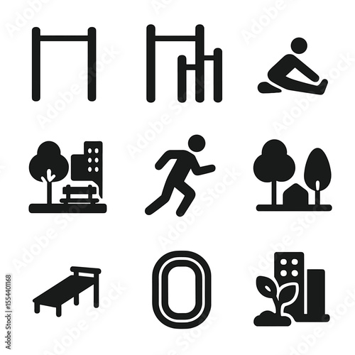 Urban Fitness Icons. Solid, filled icons set of urban fitness parks: fitness bar, workout station, stretching