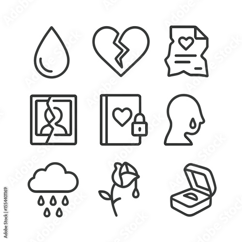 Breakup Sadness Icons. Outline icon set of breakup sadness: tear drop, broken heart, crumpled love letter, shattered photo, locked