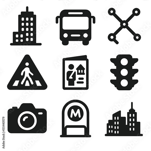 Urban Exploration Icons. Solid, filled icons set of urban exploration: skyscraper, city bus, subway map,