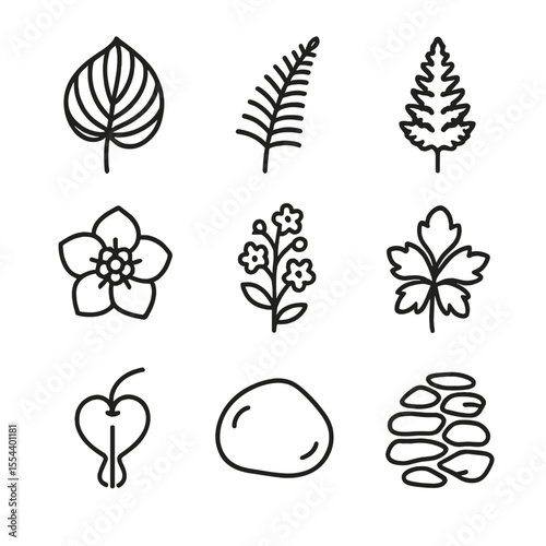 Garden Icon Set. Outline icon set of Lily of the Valley Garden Companions: hosta leaf, fern frond, astilbe plume, hellebore bloom,