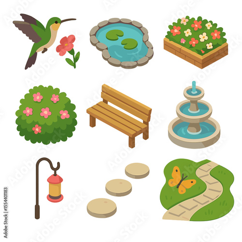 Garden Icon Set. Isometric Flat icon set of hummingbird in garden landscape: garden pond, flower bed, flowering shrubs, garden