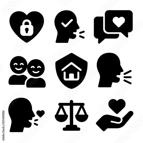 Trust Icons Grid. Solid, filled icons set of maintaining trust and connection: locked heart, trusted voice,