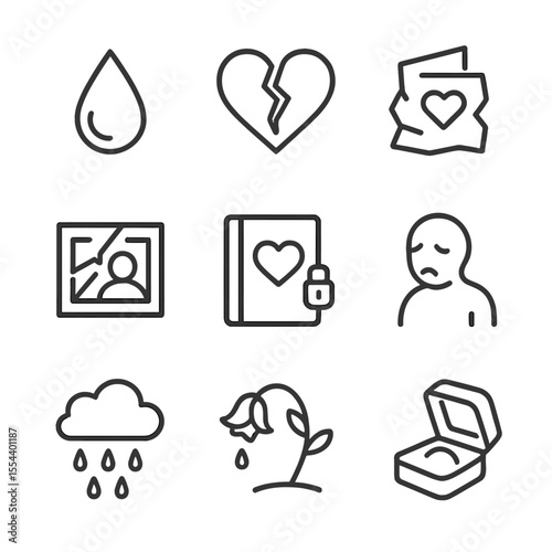Breakup Sadness Icons. Outline icon set of breakup sadness: tear drop, broken heart, crumpled love letter, shattered photo, locked