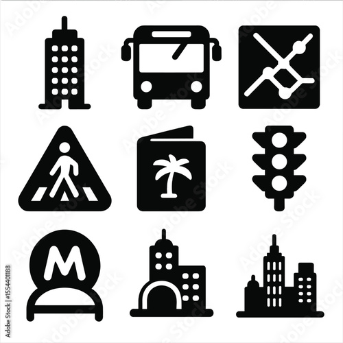 Urban Exploration Icons. Solid, filled icons set of urban exploration: skyscraper, city bus, subway map,