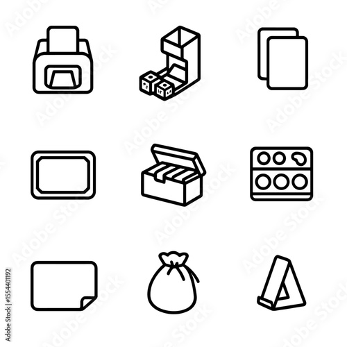 Gaming Icon Set. Outline icon set of gaming accessories: card shuffler, dice tower, card sleeve, table protector, game storage box
