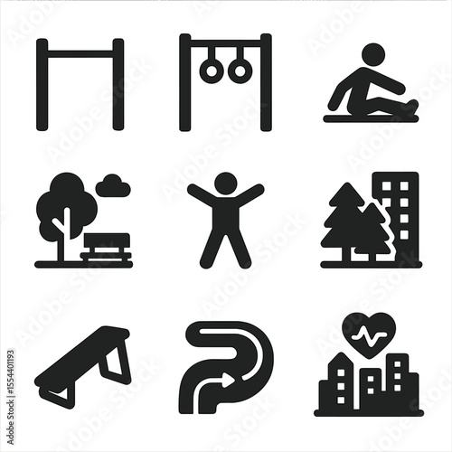 Urban Fitness Icons. Solid, filled icons set of urban fitness parks: fitness bar, workout station, stretching