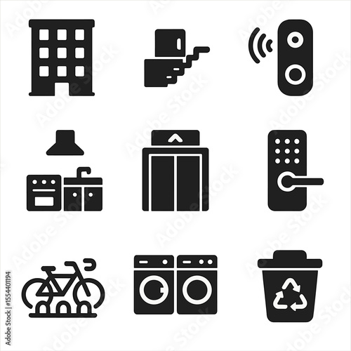 Urban Living Icons. Solid, filled icons set of urban micro living: apartment block, rooftop access, smart