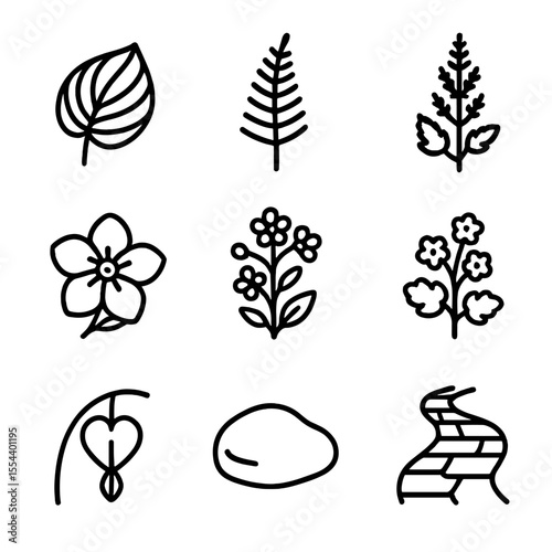 Garden Icon Set. Outline icon set of Lily of the Valley Garden Companions: hosta leaf, fern frond, astilbe plume, hellebore bloom,