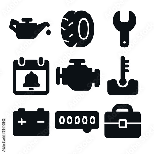 Vehicle Maintenance Icons. Solid, filled icons set of vehicle maintenance reminders: oil can, tire icon,