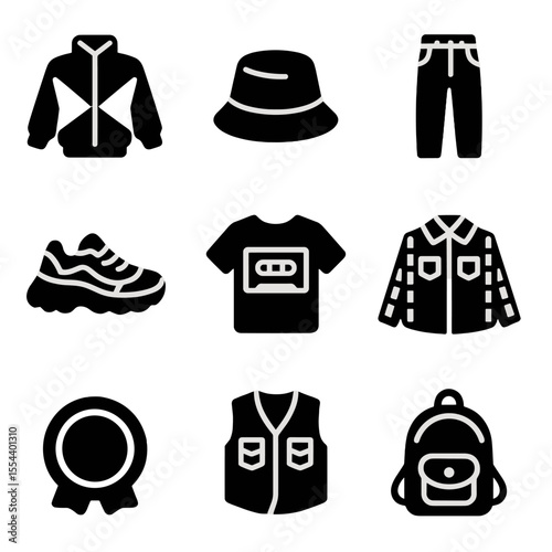 90s Vintage Icon Set. Solid, filled icons set of 90s vintage style: windbreaker, bucket hat, high-waisted