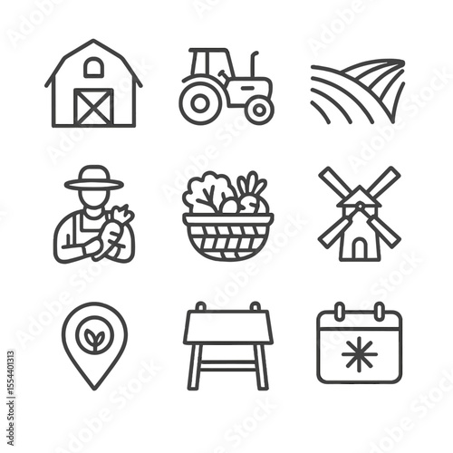 Farm Icon Set. Outline icon set of farm-to-table label designs: barn silhouette, tractor line art, plowed field rows, farmer