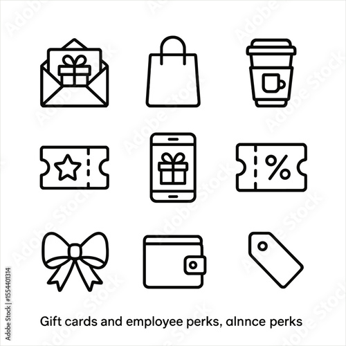 Gift Card Icons. Outline icon set of gift cards and employee perks: gift card envelope, shopping bag, coffee cup voucher, movie