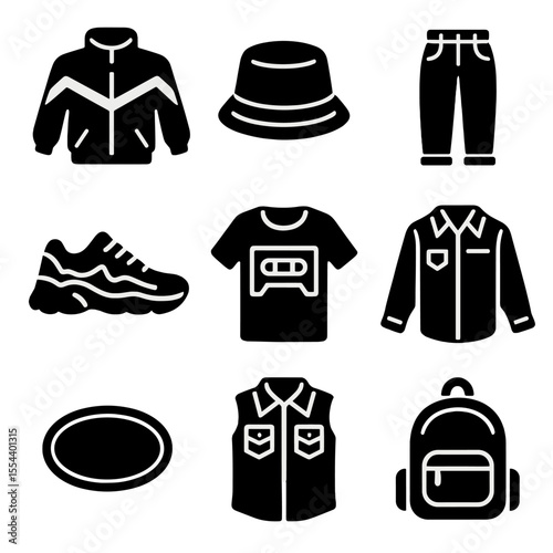 90s Vintage Icon Set. Solid, filled icons set of 90s vintage style: windbreaker, bucket hat, high-waisted