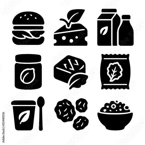 Vegan Food Icons. Solid, filled icons set of vegan grocery items: plant burger, vegan cheese, soy milk, nut