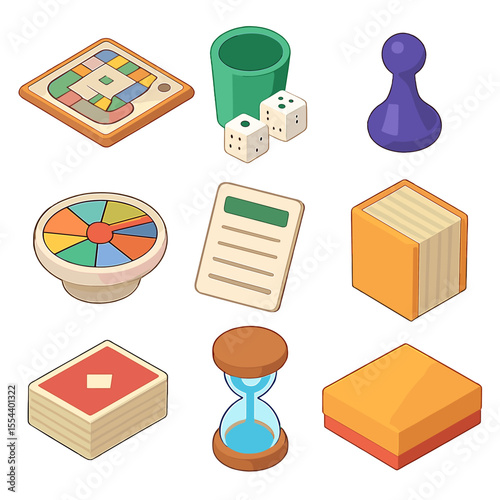 Family Game Night Icons. Isometric Flat icon set of family board game night: game board, dice cup, playing pawn, spinner dial,