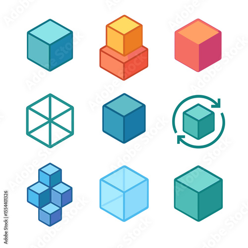 3D Geometric Cubes Icons. Isometric Flat icon set of 3D geometric cubes: isometric cube, stacked cubes, cube with gradient, open