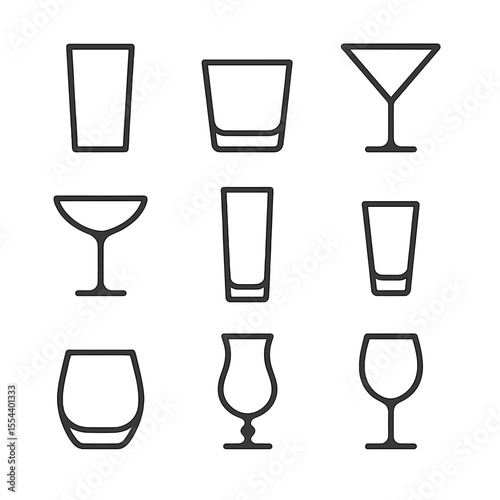 Glassware Outline Icons. Outline icon set of glassware types: highball glass, lowball glass, martini glass, coupe glass, Collins