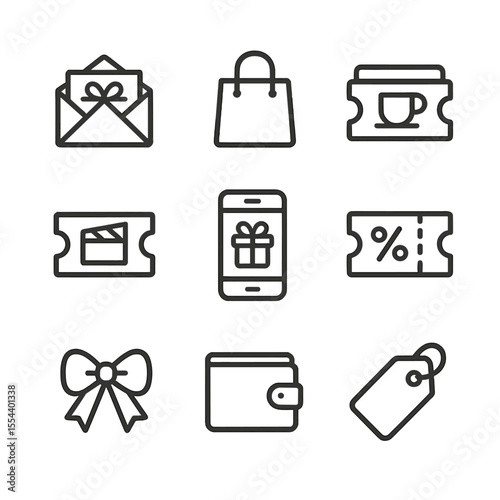Gift Card Icons. Outline icon set of gift cards and employee perks: gift card envelope, shopping bag, coffee cup voucher, movie