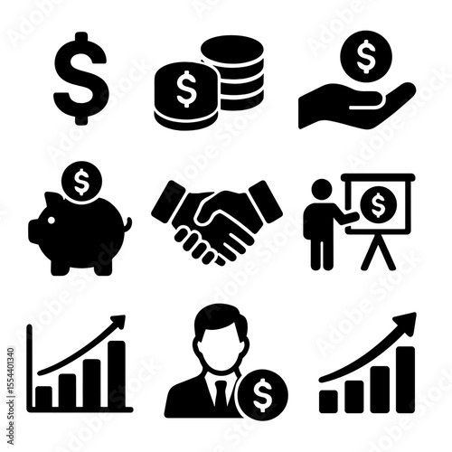 Venture Investment Icons. Solid, filled icons set of venture funding and investment: dollar icon, coin stack,