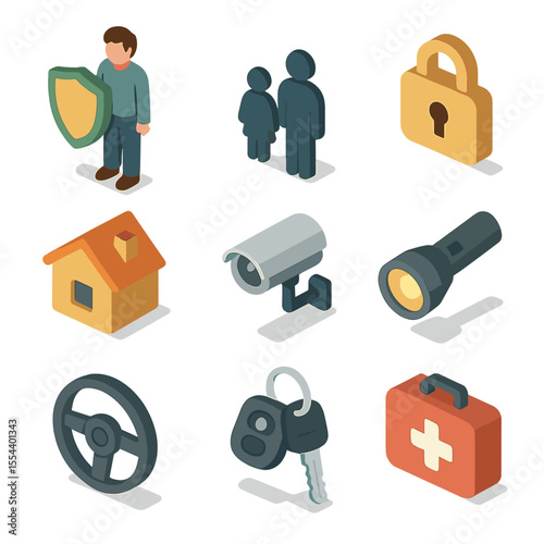Father Protector Icons. Isometric Flat icon set of father as protector: father figure standing with shield, family silhouette,