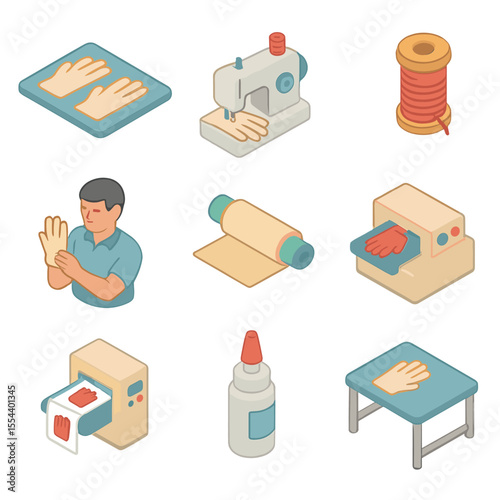 Glove Manufacturing Icons. Isometric Flat icon set of glove manufacturing process: cut pattern, sewing machine, stitching thread