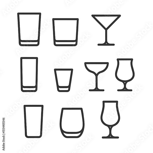 Glassware Outline Icons. Outline icon set of glassware types: highball glass, lowball glass, martini glass, coupe glass, Collins