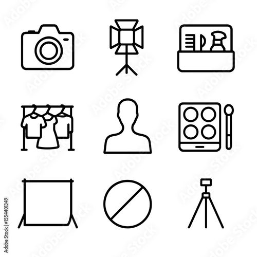Fashion Photoshoot Icons. Outline icon set of fashion photoshoot styling: camera, lighting setup, stylist kit, clothing rack,