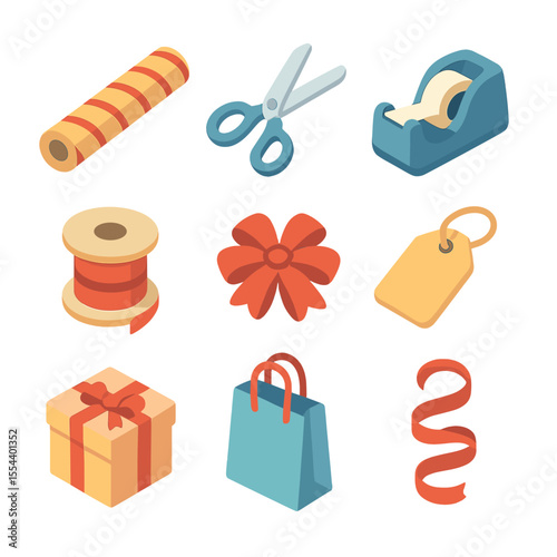 Gift Wrapping Icons. Isometric Flat icon set of gift wrapping and packaging supplies: wrapping paper roll, scissors, tape