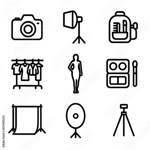 Fashion Photoshoot Icons. Outline icon set of fashion photoshoot styling: camera, lighting setup, stylist kit, clothing rack,
