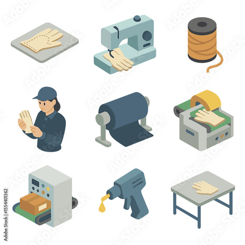 Glove Manufacturing Icons. Isometric Flat icon set of glove manufacturing process: cut pattern, sewing machine, stitching thread