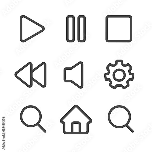 Gradient Button Icon Set. Outline icon set of gradient button states: play button, pause button, stop button, forward arrow,