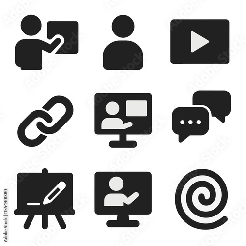 Virtual Classroom Icons. Solid, filled icons set of virtual classrooms: teacher icon, student icon, video tile