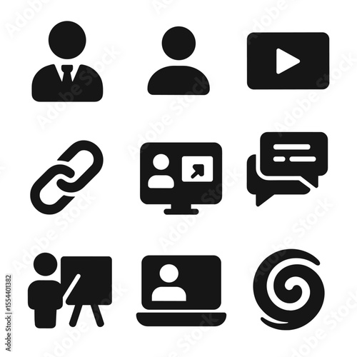 Virtual Classroom Icons. Solid, filled icons set of virtual classrooms: teacher icon, student icon, video tile
