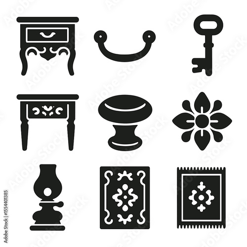 Vintage Table Icons. Solid, filled icons set of vintage and antique tables: ornate drawer, brass handle,