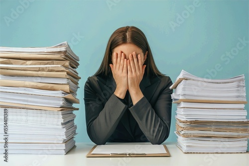 woman cover face in stress between high document pile