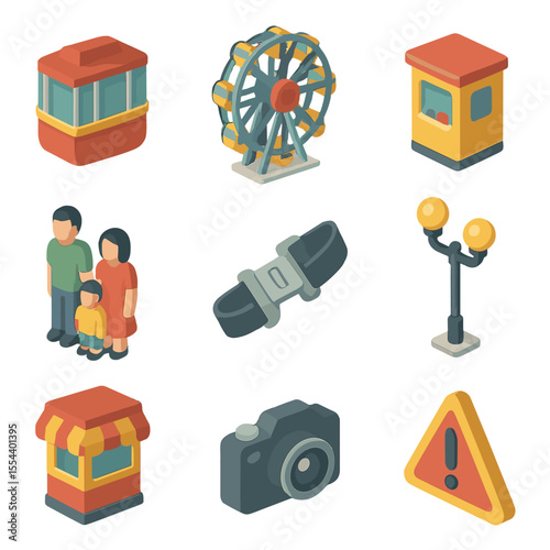 Ferris Wheel Icon Set. Isometric Flat icon set of ferris wheel family ride: ferris wheel cabin, central hub, control booth, family