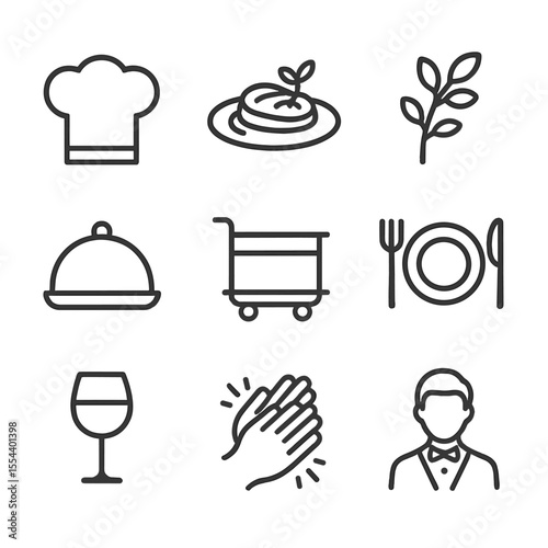 Gourmet Meal Icons. Outline icon set of Chef Sharing Gourmet Meal: chef hat, plated gourmet dish, garnish sprig, cloche cover,