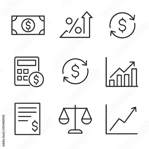 Financial Metrics Icons. Outline icon set of financial metrics and KPIs: revenue, profit margin, ROI, expenses, cash flow,