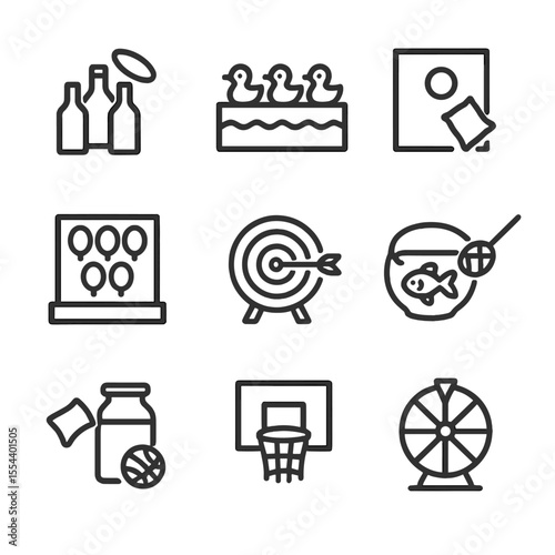 Festival Game Icons. Outline icon set of festival fair games: ring toss bottles, duck pond, bean bag throw, balloon dart, shooting