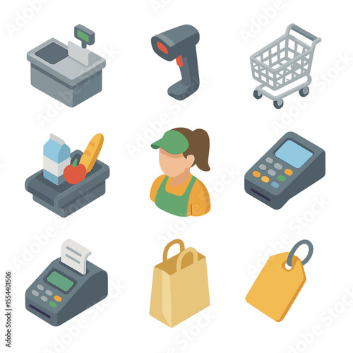 Grocery Checkout Icons Grid. Isometric Flat icon set of grocery checkout process: cashier counter, barcode scanner, shopping cart,
