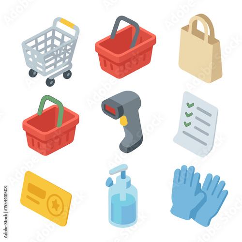 Grocery Shopping Icon Set. Isometric Flat icon set of grocery shopping accessories: shopping cart, basket, reusable bag, hand