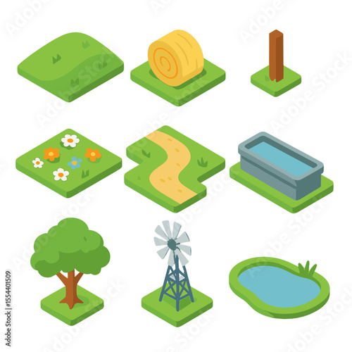 Grassland Landscape Icons. Isometric Flat icon set of grassland landscape elements: rolling meadow, hay bale, fence post,