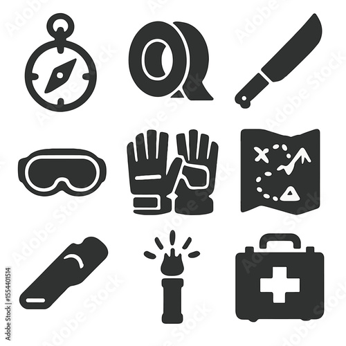 Wasteland Survival Icons. Solid, filled icons set of wasteland survival gear: compass, duct tape, machete,