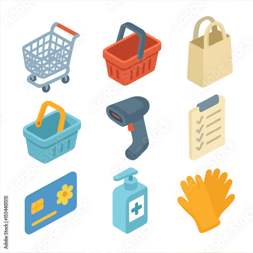 Grocery Shopping Icon Set. Isometric Flat icon set of grocery shopping accessories: shopping cart, basket, reusable bag, hand