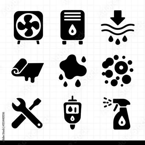 Water Damage Repair Icons. Solid, filled icons set of water damage repair and drying: fan icon, dehumidifier,